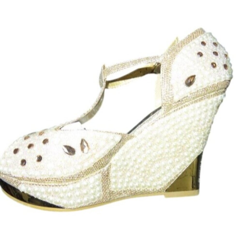 Rhinestone Pearl Embellished Metallic Gold Platform T strap Wedges sz 38 - Picture 8 of 10